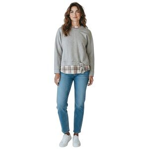 IZOD Woman’s Gray Long Sleeve Sweatshirt with Plaid Underlay with Tie Knot S